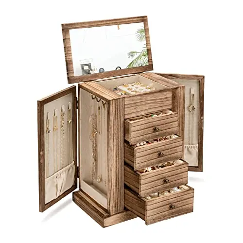 Emfogoo Schmuckkästchen aus Holz, 5 Ebenen für Ringe, Ohrringe, Halsketten und Armbänder mit Schubladen und Spiegel (Rustikal)
