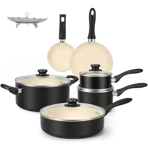 Amazon Basics 11-teiliges antihaftbeschichtetes Kochgeschirr-Set in Schwarz/Creme
