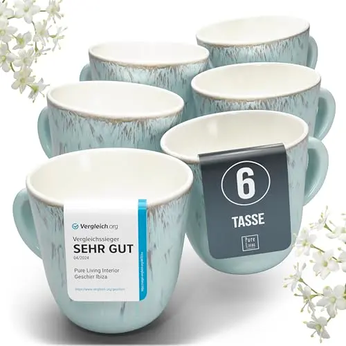 Steingut Kaffeetassen Set für 6 Personen in Blau-Beige - Stylische Tee- und Kaffeebecher