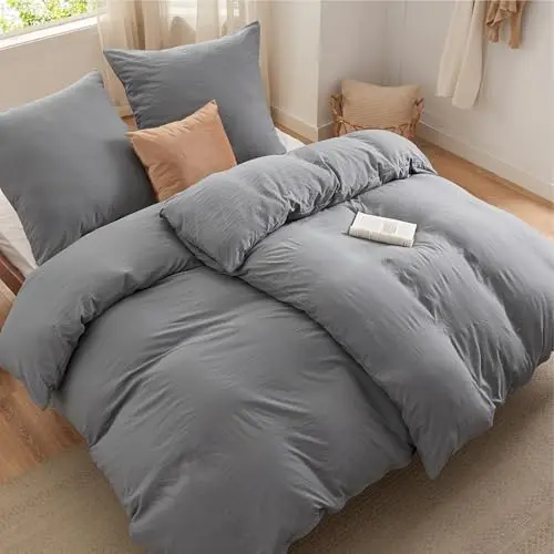 BEDSURE Bettwäsche-Set 135x200 cm, 4-teilig, Baumwollähnlich, Grau, mit Reißverschluss