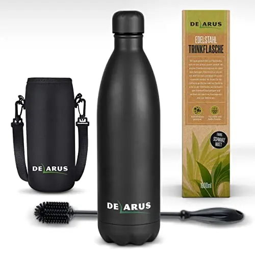 Delarus Edelstahl Trinkflasche 1000ml - Auslaufsicher und BPA-frei - Für heiße und kalte Getränke (Schwarz matt)