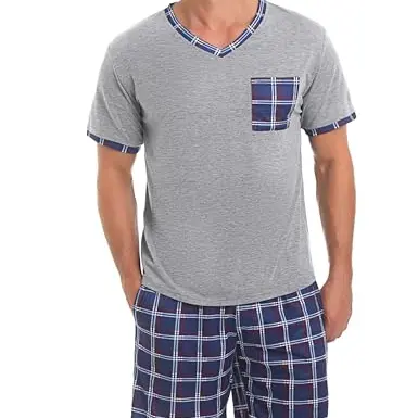 Aseniza Herren Kurz Schlafanzug Baumwolle Sommer Pyjama Set mit T-Shirt und Karierter Hose
