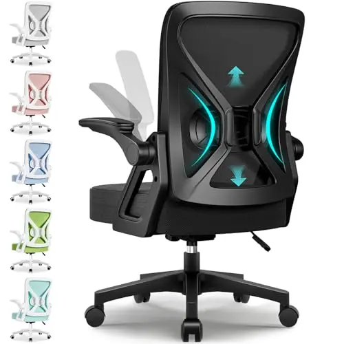 Ergonomischer Bürostuhl mit klappbaren Armlehnen und verstellbarer Lendenstütze, Schwarz