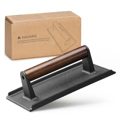 Navaris Smashed Burger Presse aus Gusseisen - Rechteckig, 21 x 11 cm - Ideal für schmackhafte Burger