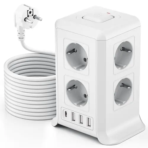5M Verlängerungskabel mit 8 Steckdosen und 4 USB-Anschlüssen, Steckdosenturm für Zuhause