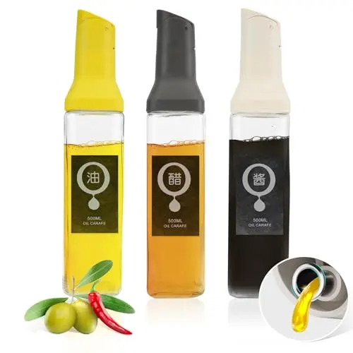 3er Set Olivenölspender, YRYUNRUI Glasflaschen 500ml, Küchensirup- & Essigspender (gelb, weiß, grau)
