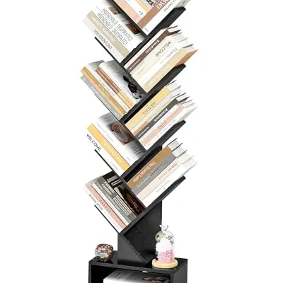 Hoctieon Bücherregal Baumform mit Schublade, Holz Standregal, 8 Ebenen, für Schlafzimmer, Wohnzimmer, Heimbüro, Schwarz