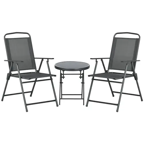 Outsunny Bistro-Set 3-teilig aus Metall - Wetterfestes Gartenmöbel Set mit klappbarem Glastisch und Stühlen - Dunkelgrau