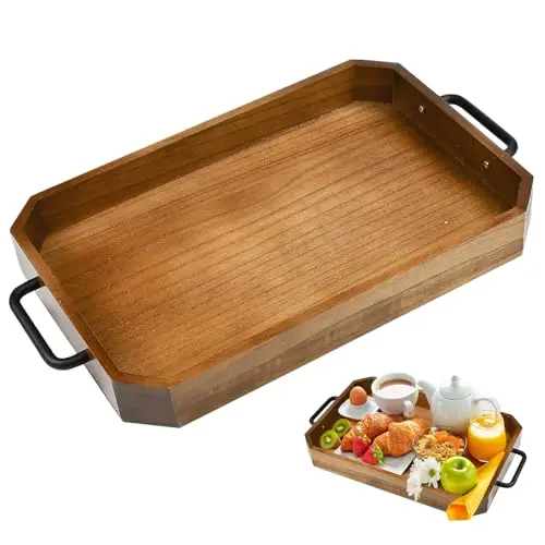 XRPRPX Serviertablett aus Holz, rechteckig mit Griff, 39 x 26 cm für Frühstück und Snacks