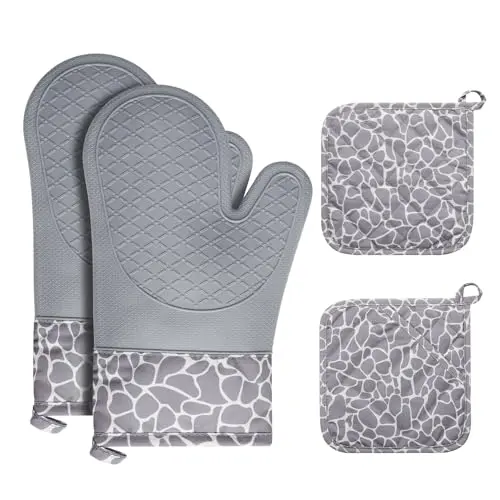 Cozary Ofenhandschuhe Set – 1 Paar hitzebeständige Handschuhe und 2 Topflappen in Grau