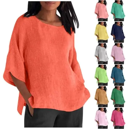 Musselin Bluse Damen Sommer 3/4 Ärmel Tunika Rundhals Elegant Einfarbig Oversized Blusenshirt