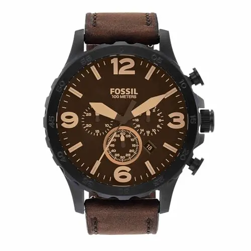 Fossil Nate Herren Uhr, Chronograph mit Edelstahl- oder Lederarmband, Braun, 50mm