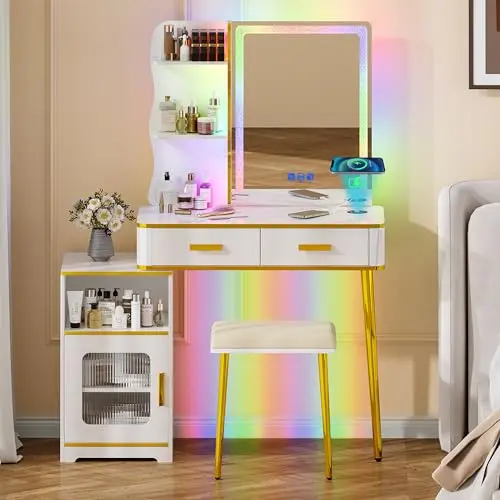 Lvifur RGB Schminktisch mit LED-Beleuchtung, Spiegel, Hocker und USB-Anschluss für Schlafzimmer