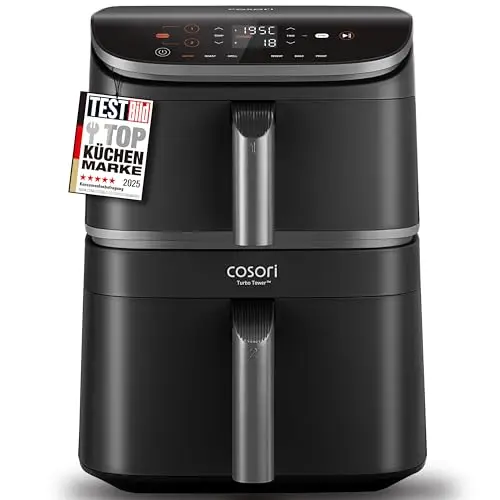 COSORI Airfryer 10,8 L Heißluftfritteuse mit 2 Kammern, Rezeptbuch und Edelstahl-Rost, Silbergrau