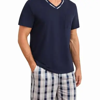 Demegimi Herren Schlafanzug kurz mit V-Ausschnitt - Baumwolle Shorty Pyjama mit karierter Hose