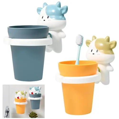 Zuxbolf 2er Set Kinder Zahnbürstenhalter ohne Bohren mit Cartoon Zahnbechern für das Badezimmer