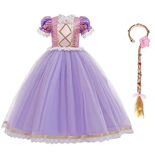 Mädchen Rapunzel Kostüm Kleid für Karneval und Geburtstag, Violett, 8-9 Jahre