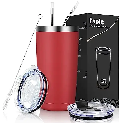 Livole Thermobecher 600ml für unterwegs, Edelstahl Becher mit Strohhalm und Deckel, rot