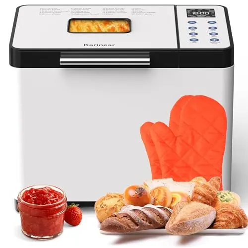Karinear Brotbackmaschine mit 20 Programmen, 15-Stunden-Zeitvorwahl, 2LB, 3 Laibgrößen und Krustenfarben, Weiß