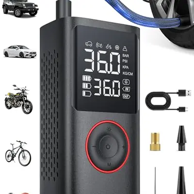 Powools Kabellose Luftpumpe 150PSI mit LED-Licht & Auto-Stopp - Wiederaufladbare Reifenpumpe für E-Bike, Auto, Motorrad, Bälle