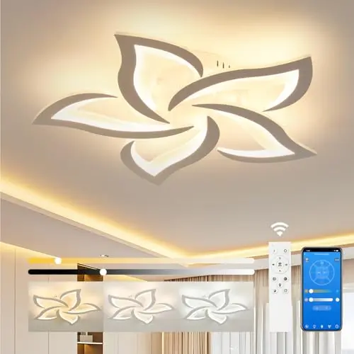 Moderne LED Deckenleuchte für Wohnzimmer, dimmbar mit Fernbedienung und App, Blüten-Design, 5 Köpfe, Ø60cm