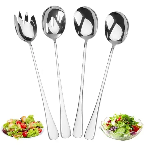 4er Set Salatbesteck Edelstahl - Servierlöffel & Salatgabel für Familie, Camping & Picknick