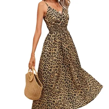 fdsmall Damen Midi Kleid - V-Ausschnitt, Spaghetti-Träger, Leopard, Locker, Gelb