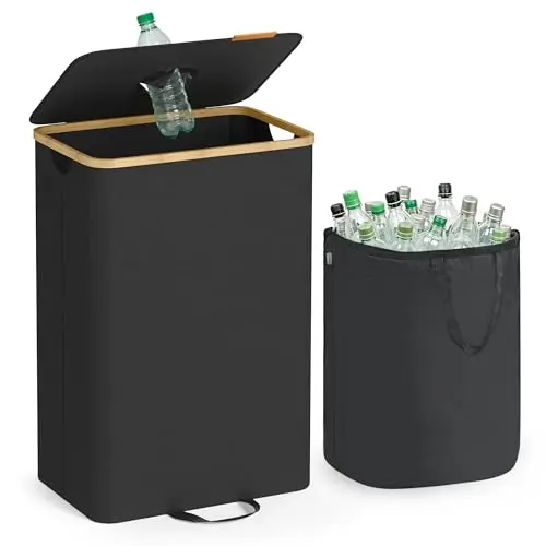 SONGMICS Pfandflaschen-Sammler, 95 L, mit Deckel, Innensack mit Griffen, schwarz-beige, ideal für Recycling