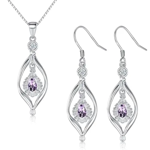 Bewenda Damen Schmuckset aus 925 Sterling Silber, Halskette & Ohrringe mit Lila Zirkonia, Geschenkbox