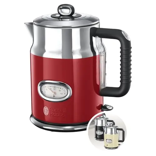 Russell Hobbs Wasserkocher Retro Rot & Edelstahl, 1,7L, 2400W, Schnellkochfunktion, Vintage Teekocher 21670-70