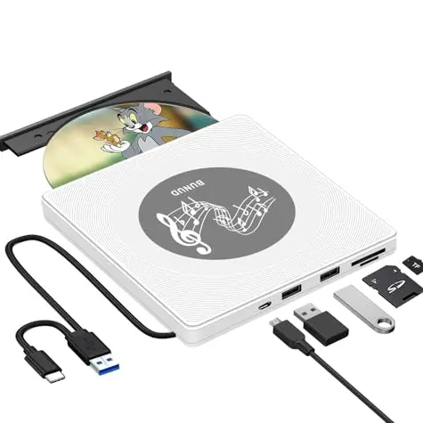 BUNUD Externes DVD Laufwerk USB 3.0 für Apple und Windows 11, CD/DVD Brenner mit 2 USB Ports
