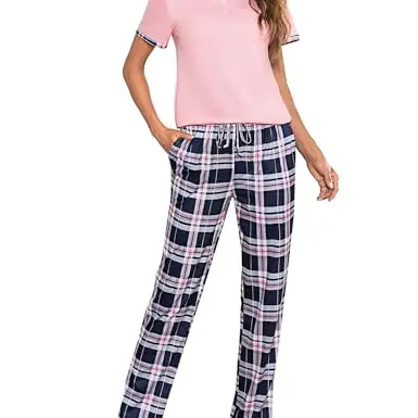 Irdcomps Damen Schlafanzug Set - Kurzarm Shirt und Lange Pyjamahose in Rosa, Größe M