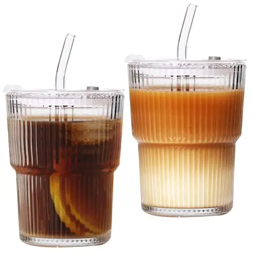 2er Set Trinkbecher mit Deckel und Strohhalm, 450ml - Ideal für Smoothies, Saft, Kaffee und Tee