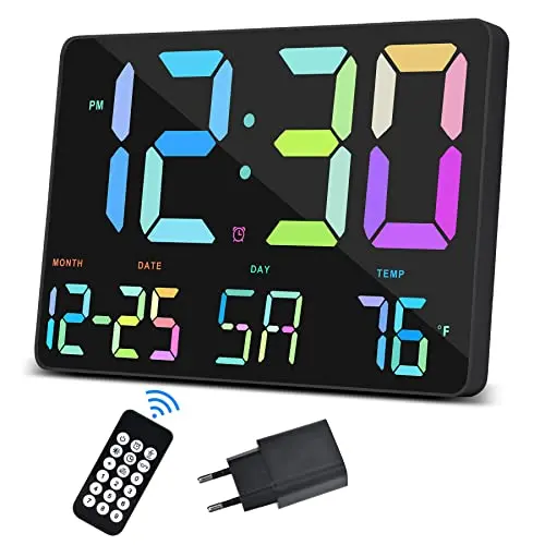 SZELAM Digitaluhr mit großem Display, Funkfernbedienung, Datum, 12/24h, Adapter, Snooze, ideal für Zuhause, Schlafzimmer, Büro, Gym