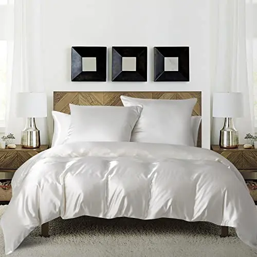 Luofanfei Bettwäsche Set 155x220 cm Weiß Creme Satin Luxus mit 2 Kissenbezügen 80x80 cm