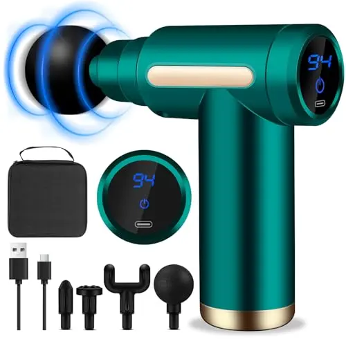 AQXONG Mini Muskelmassagepistole, Tragbares Massagegerät mit LCD Display, 6 Geschwindigkeiten, 4 Aufsätze (Grün)