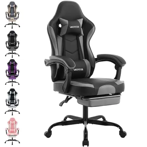WOTSTA Gaming Chair mit Fußstütze und Lendenwirbelstütze, ergonomischer Bürostuhl, Dunkelgrau
