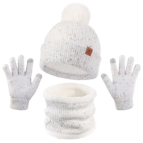 OZERO Beanie Mütze und Handschuhe Set für Kinder, Fleece, Winter, Weiß