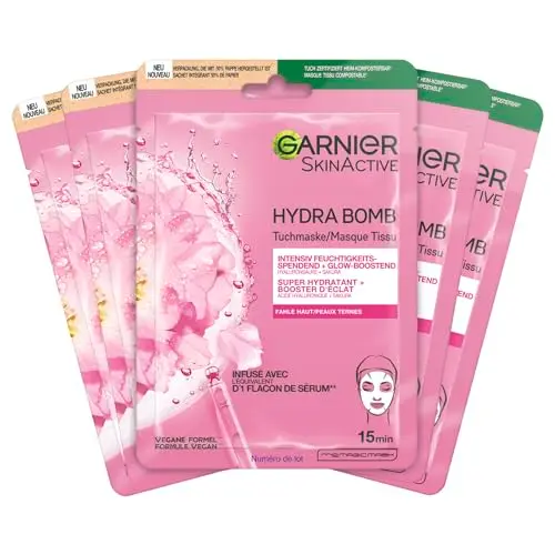 Garnier Tuchmasken-Set Sakura für fahl Haut, Feuchtigkeit & Glow, mit Hyaluronsäure & Sakura, 5x28g