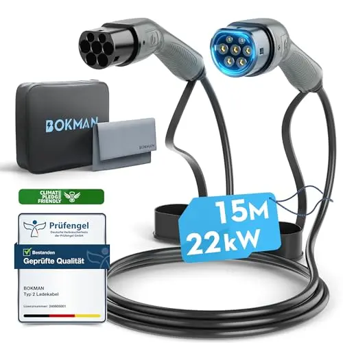 Bokman Typ 2 Ladekabel 22 kW / 32A 15 Meter mit Tragetasche für Elektroautos
