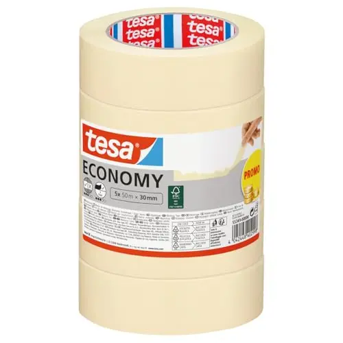 tesa Malerband ECONOMY - Vielseitiges Klebeband für Malerarbeiten, 5 Rollen à 50 m x 30 mm