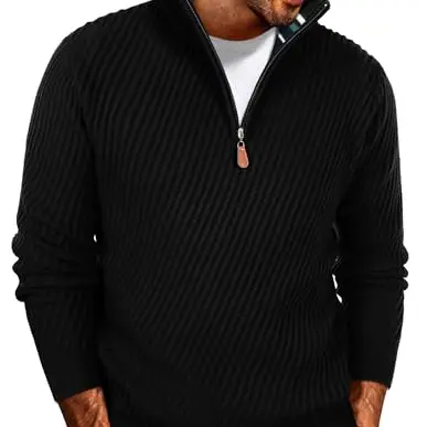 PJ PAUL JONES Herren Pullover Winter mit Reißverschluss V-Ausschnitt Schwarz