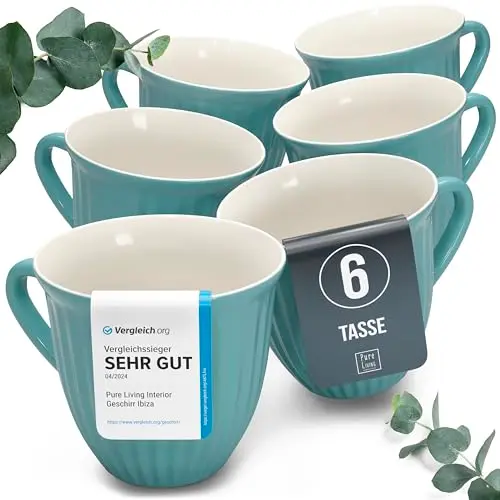 Steingut Kaffeetassen Set für 6 Personen, Stylische Tee- und Kaffeebecher in Petrol