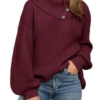 Fisoew Damen Oversized Rollkragenpullover mit Knöpfen - Casual Winter Sweater