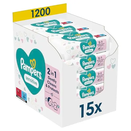 Pampers Sensitive Feuchttücher, 15 Packungen mit je 80 Stück, ohne Duft für sanfte Reinigung