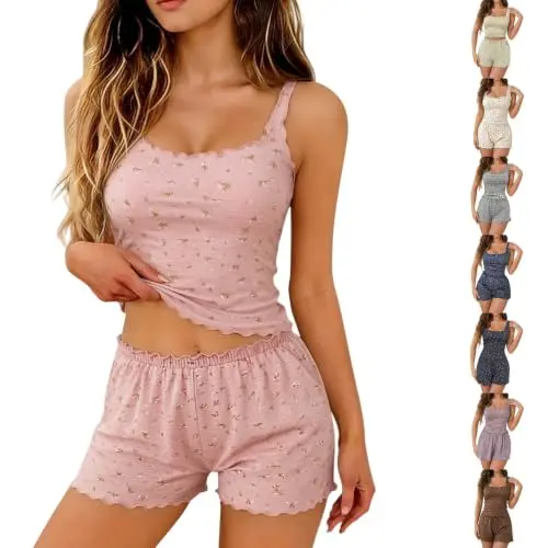 Damen Schlafanzug Kurz-Set Baumwolle, Zweiteilig, Bequem, Elastische Taille, Loungewear, Rosa