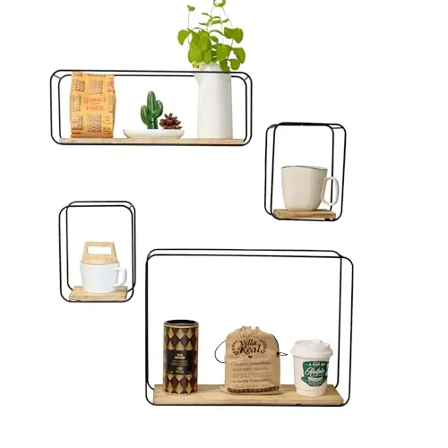 Hawthyhome 4-teiliges Wandregal Set aus Metall und Holz für Wohnzimmer, Schlafzimmer, Arbeitszimmer und Küche im Industrial Style