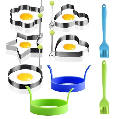 VINEST 7-teiliges Set Spiegeleiformen aus Edelstahl und Silikon für Pfanne mit Klappgriffen