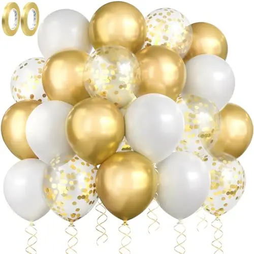 Goldenes Hochzeits-Deko-Set mit 60 Luftballons und 2 Rollen goldenen Band
