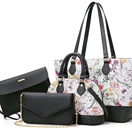 Bagsure Damenhandtasche 4-teiliges Set für Büro, Schule, Einkauf und Reise (Blumen)